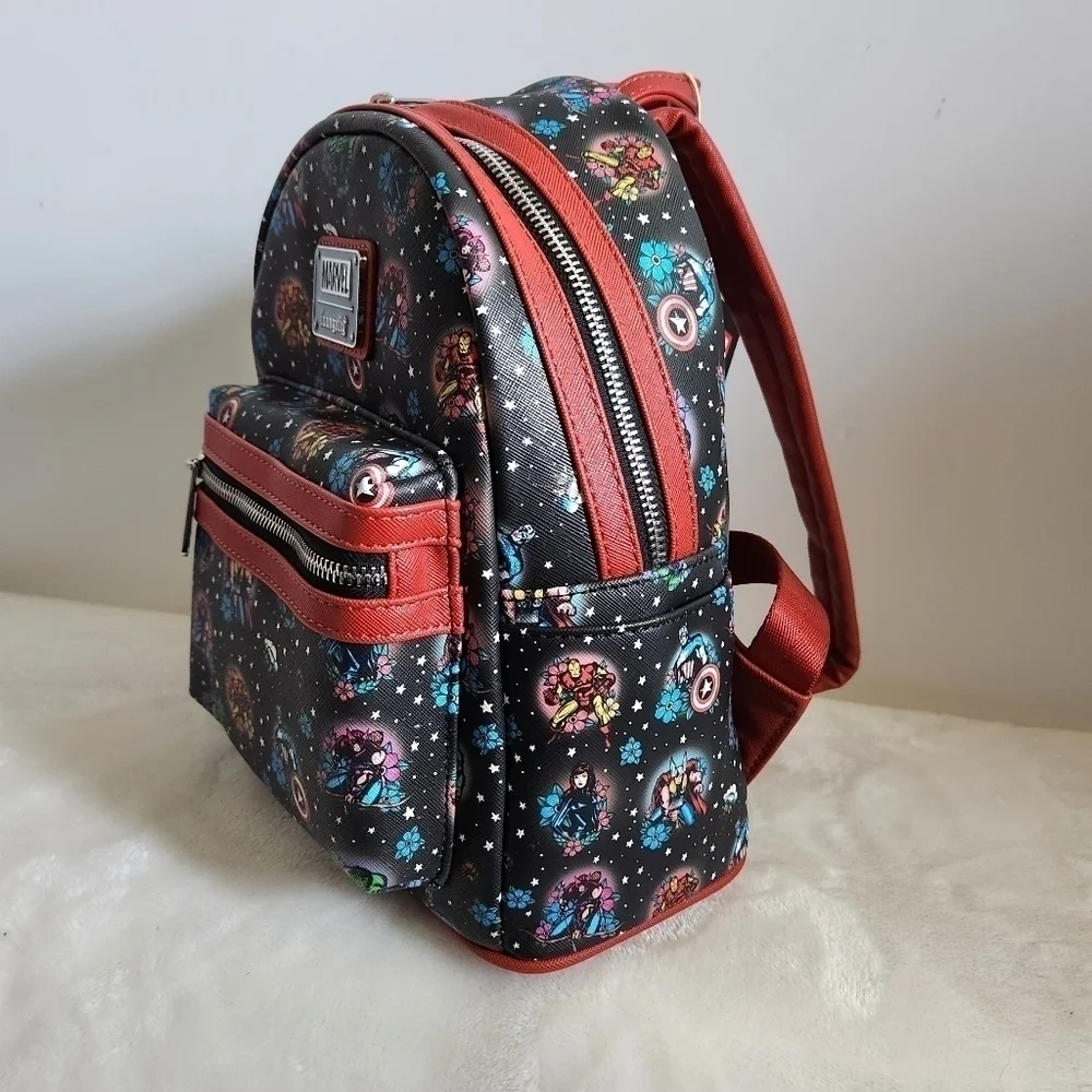 Loungefly Marvel Avengers Tattoo Floral Black Red Mini Backpack NWT